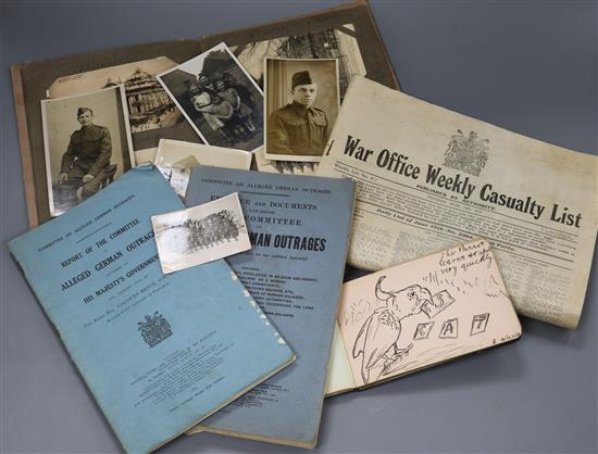 A collection of WWI postcards and two booklets on alleged German outages 1915